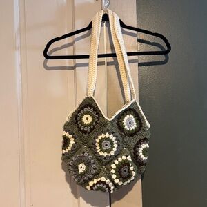Handcrafted Crochet Tote Bag - Green and Cream